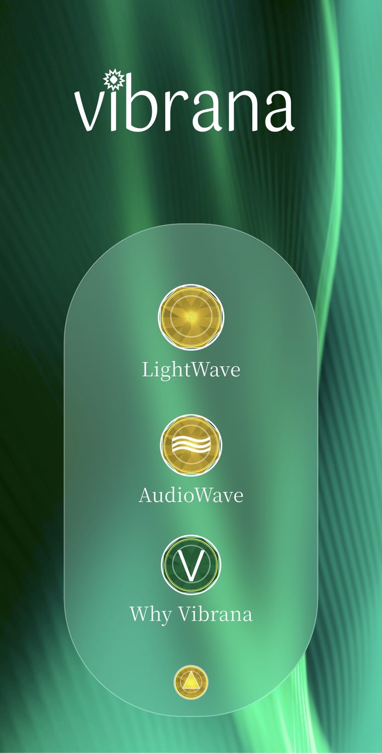 The Vibrana home screen, with LightWave, AudioWave and Why Vibrana medallions