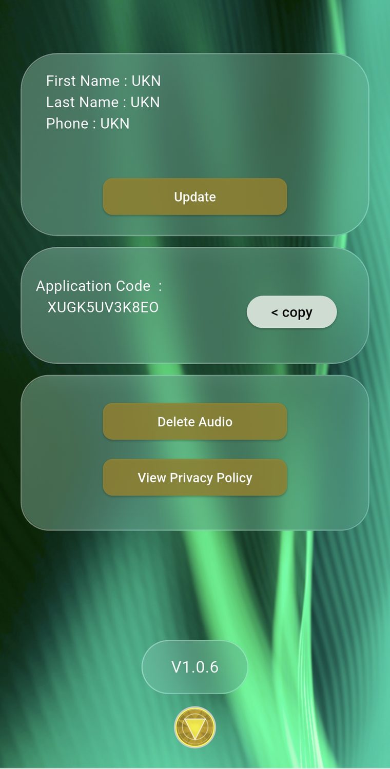 The Vibrana profile screen, showing the Application Code, Delete Audio and View Privacy Policy